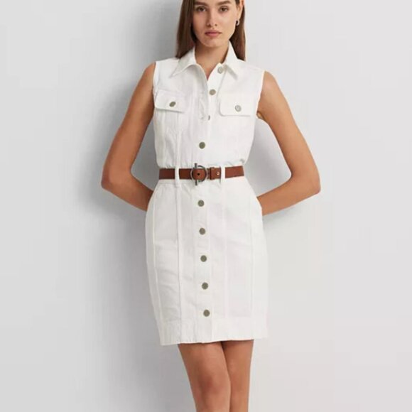 NEW Lauren Ralph Lauren Womens 12 Sleeveless Denim Mini Dress White Wash - Picture 1 of 12